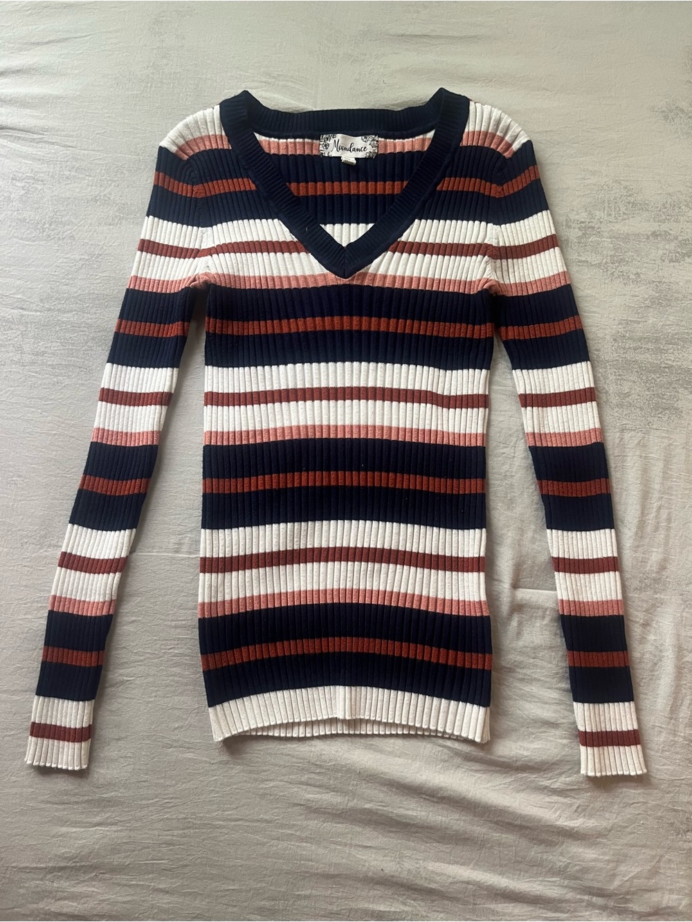 Madewell Ribbed V-Neck Sweater in Navy, White & Rust